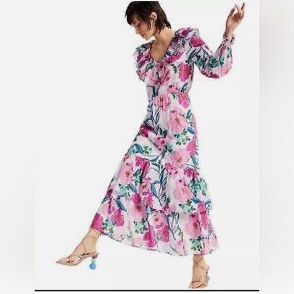 INC International Concepts Floral Maxi Dress Pink Green Ruffle Boho Size… - Picture 1 of 9